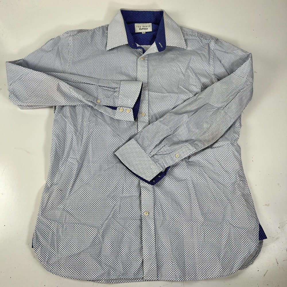 Ted Baker Blue Endurance Polka Dot White Long Sleeve Button Down Shirt  16 34/36